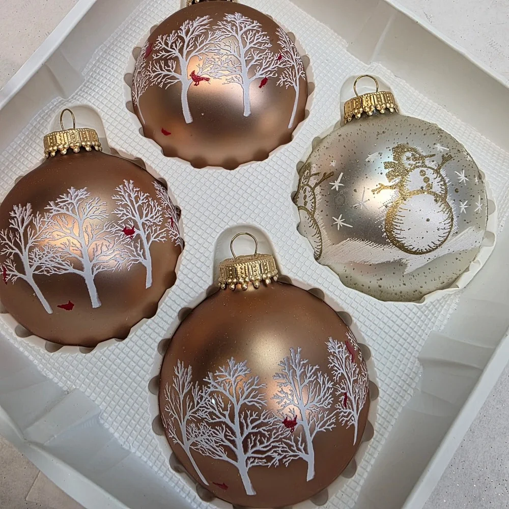 Christmas by Krebs Glass Ornaments Set 4 Glitter Bronze Snowman Cardinal Vintage